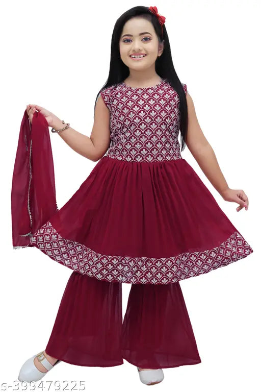 Georgette Kurti Palazzo Set, embroidered angel fancy girls kurti, 4-7 years, India