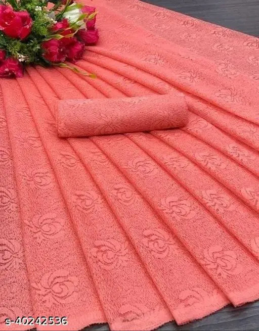 Indian silk net saree with semi-stitched blouse, free size, self-design pattern for party wear