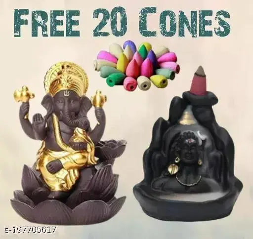 Resin handicraft Smoke backflow combo Adiyogi Shiva & Kamal Ganesh idol with 20 scent cones, home temple showpiece or car dashboard decor