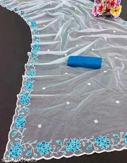 New fancy net saree with embroidered blouse, Indian handcrafted fashion accessory