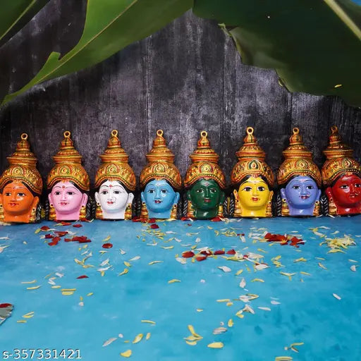 Metal Lakshmi face set, Ashtalakshmi Devi 8 piece, each face 7.5 inches, Indian god idol collection