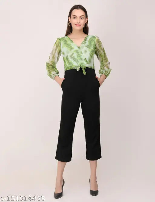 Black and floral printed Georgette jumpsuit for women, cotton blend fabric with belt included" (120 characters)