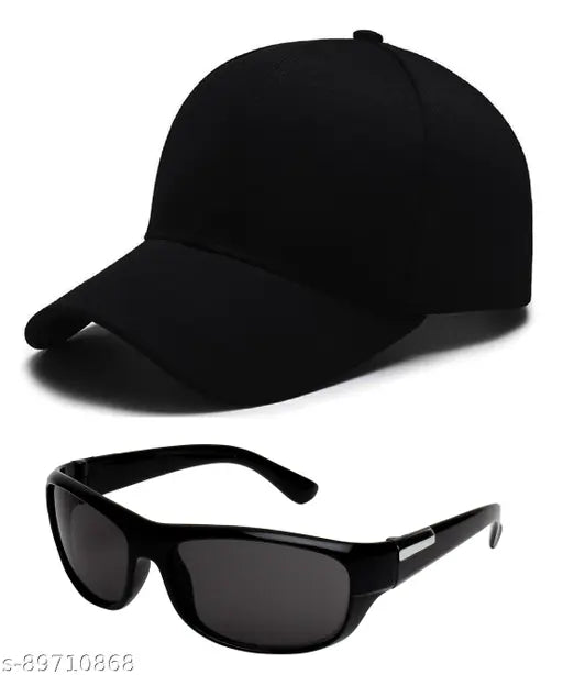 Solid black sports cap and goggle sunglasses combo by KiwiCaves - High-quality, fashionable accessory for casual, sport, and outdoor activities