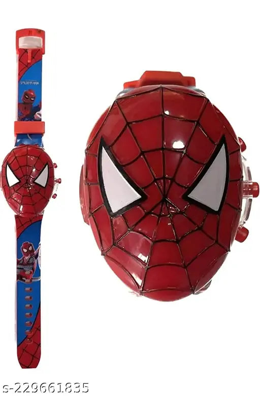 A digital watch for kids, featuring a glowing spider man design, multicolor LED lights, music tunes, and face cover. The watch's strap is adjustable