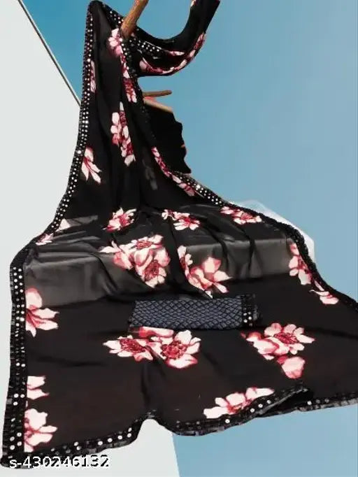 Black, floral embroidery, georgette fabric, lace border, saree