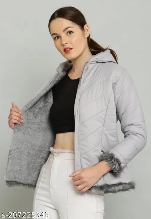 Silver PU quilted fur jacket by M A FASHION, long sleeves, solid pattern, available in sizes S-XL