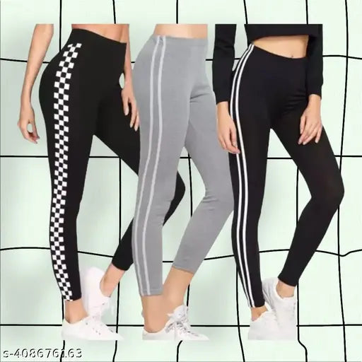 Women's track pants combo pack of 3 (3 pieces cotton self-design net rib line jeggings), soft fabric, stretchable sport wear in sizes M, L, XL, XXL