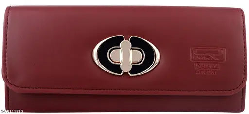 Women's red leather clutch with multiple card slots and a twist lock