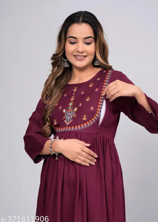 Long maternity kurta, rayon fabric, embroidered design, women's festive wear