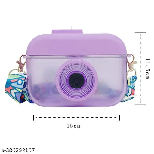 Lavender plastic camera-shaped kids sipper bottle, 400ml capacity, leakproof and spill-proof design