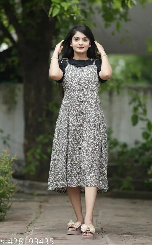 FloraPuff Elegance Viscose Rayon Dress, vibrant floral pattern with puffed black sleeves and lace detailing, casual-chic two-piece design
