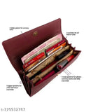 Maroon wallet with gold hardware, featuring 12 card slots, phone pocket, and multiple accessories like pens and makeup brushes. Designing clutch with zip closure