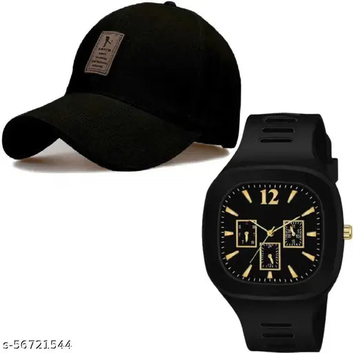 Solid cotton baseball cap with stylish watch, combo for new boys' look. Made in India