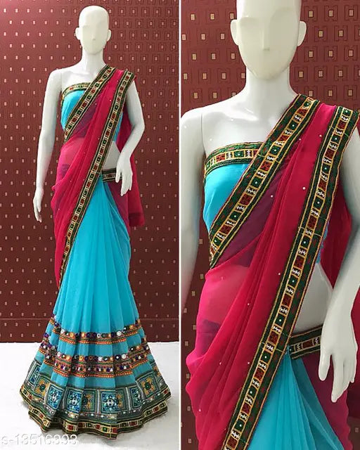 Blue and pink georgette saree with kuthi embroidery, party wear