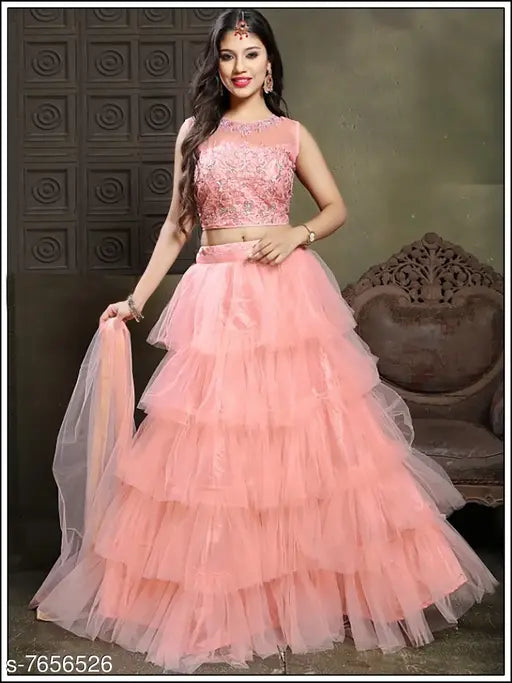 Peach-colored net embroidered choli and dupatta set for women, heavy lehnga style with ruffled dupatta, free size, made in India
