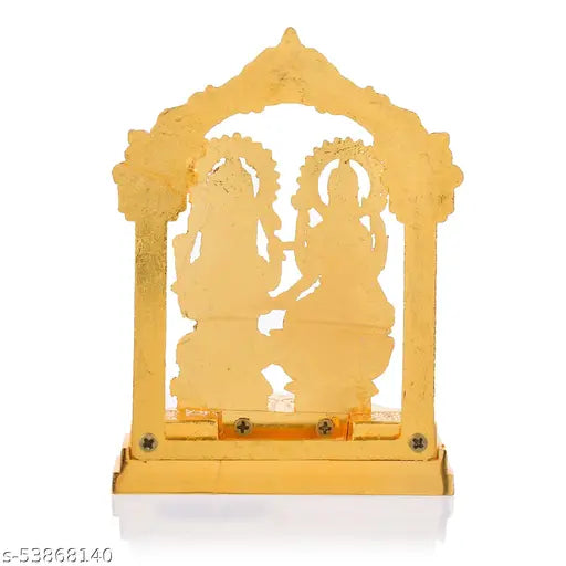 Gold-plated Lakshmi Ganesh temple statue, traditional Indian decor, 11cm x 3cm x 14cm for home or worship