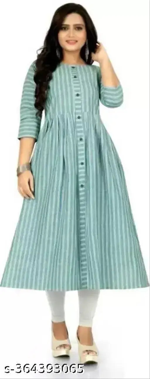 A woman's long, blue striped cotton dress with flared double lines
