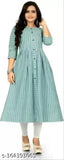 A woman's long, blue striped cotton dress with flared double lines