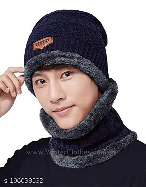 Warm woolen beanie cap and muffler scarf set, acrylic-fur blend for men and women, ideal for cold weather (20 degrees), on display
