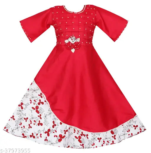Red girls party dress with flower trim, short sleeves