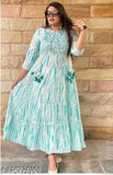 Royan green viscose gown with full embridered print, long sleeves. XL size (bust 42in, length 48in). Indian made