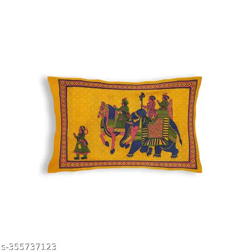 Jaipuri yellow cotton pillowcase with elephant design, 100% cotton, 100x300cm.
