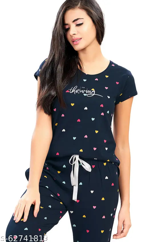 Navy blue cotton multi heart print Lotik women's pajama nightsuit set, flattering cuts and vibrant prints for comfortable loungewear