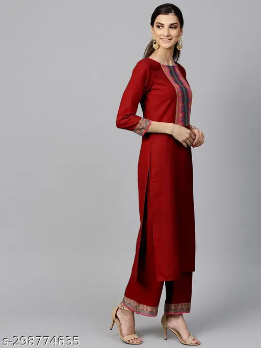 Maroon cotton kurti set for women, solid net pattern with palazzo bottoms and dupatta - Indian ethnic wear for sizes XXS to XXL