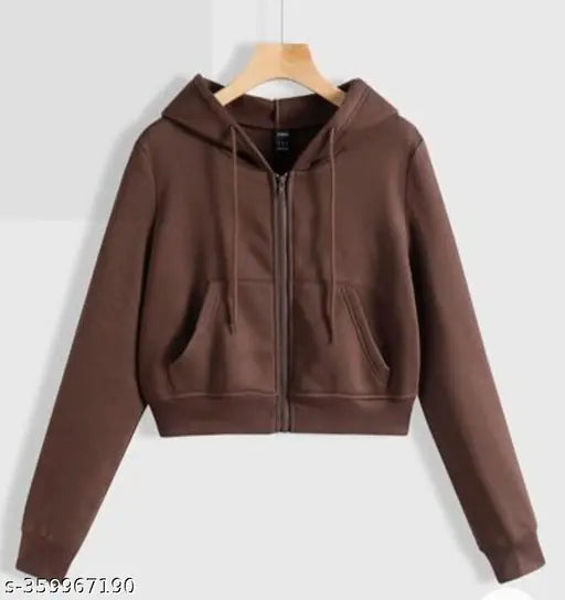 Fleece crop hood jacket, solid-colored fleece jacket for women with long sleeves, cropped fit, size S (bust 34in, length 20in), made in India