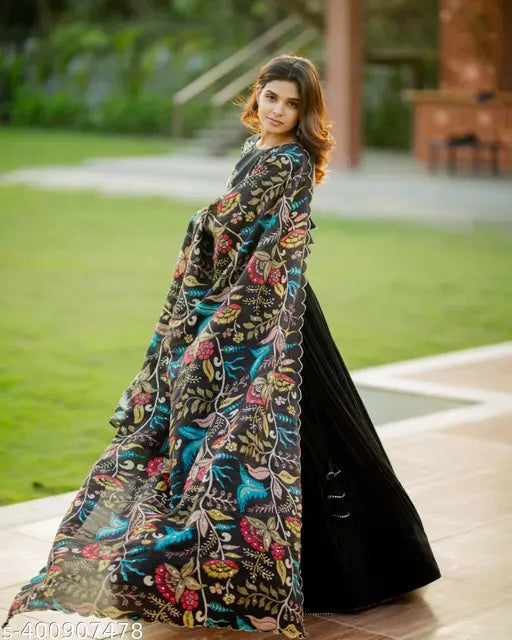 Satin embroidered semi-stitched Lehenga Choli & dupatta set, art silk fabric, Indian botanical motif