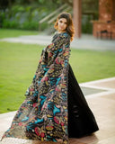 Satin embroidered semi-stitched Lehenga Choli & dupatta set, art silk fabric, Indian botanical motif