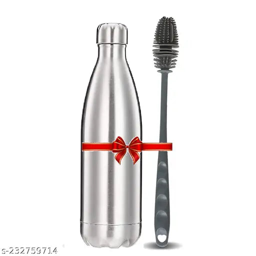 Silver stainless steel leak-proof water bottle for fridge, school, gym, home, office, kids & adults with included long-handle silicone brush - ideal for travel & cleaning