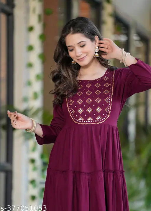 Maroon rayon embroidered long-tiered kurta with gota work, showcasing a sophisticated, full-sleeved style for women in India