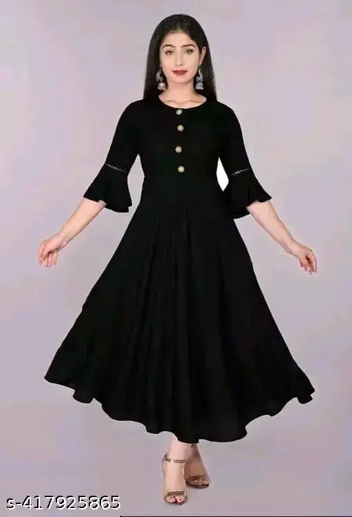 Black, traditional Anarkali dress with high neck and full skirt