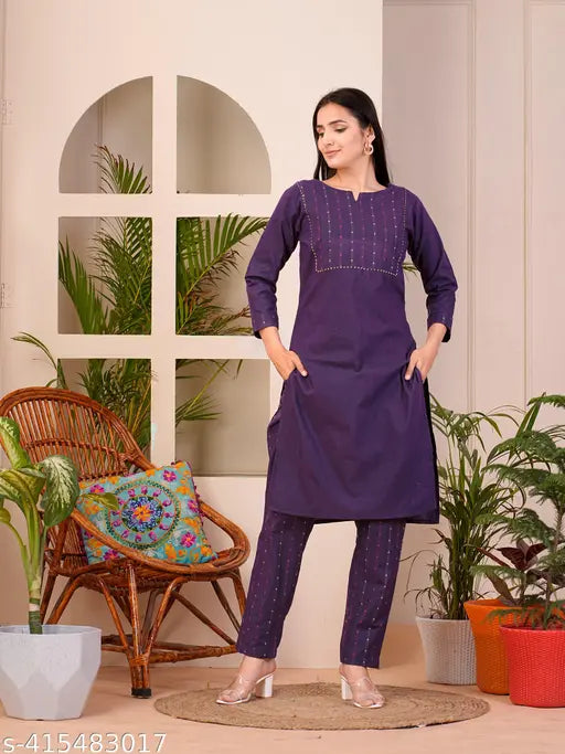 Purple cotton blend straight kurti set