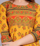 Woman's rayon printed long round neck kurta with 34 sleeves
