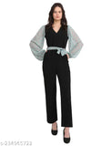 Stylish Lycra jumpsuit in floral georgette, tailored sleeves and matching waist belt, size L or XL, Indian designer apparel