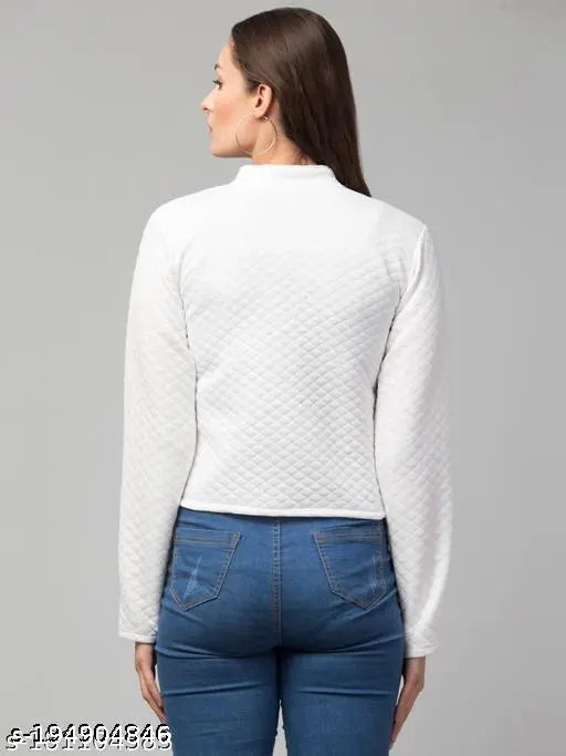 White, long-sleeve jacket with a zippered front pocket