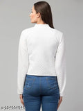 White, long-sleeve jacket with a zippered front pocket