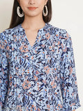 Blue viscose rayon longline top with embroidered net floral print, women's casual style from India