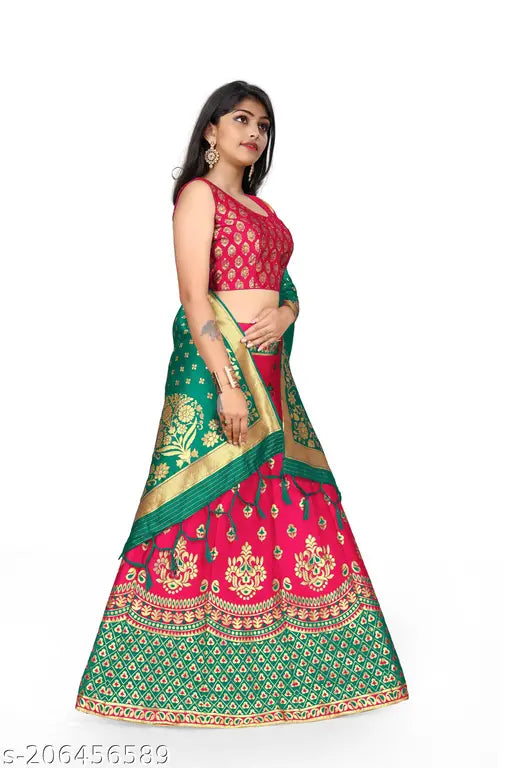 Chanderi Silk Lehenga Collection, Tirupati Banarasi Laher - Zari woven, semi-stitched with stitched net; fits up to 42 inches; machine washable; Indian origin