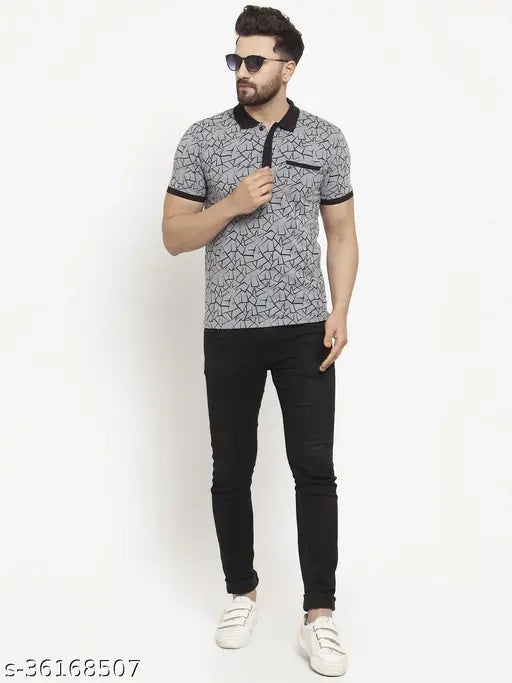 Grey cotton Wild West polo t-shirt, half-sleeve printed design for men's casual style