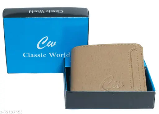 Cream PU Classic World men's wallet, free size, 2 compartments & ATM detachable