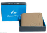 Cream PU Classic World men's wallet, free size, 2 compartments & ATM detachable
