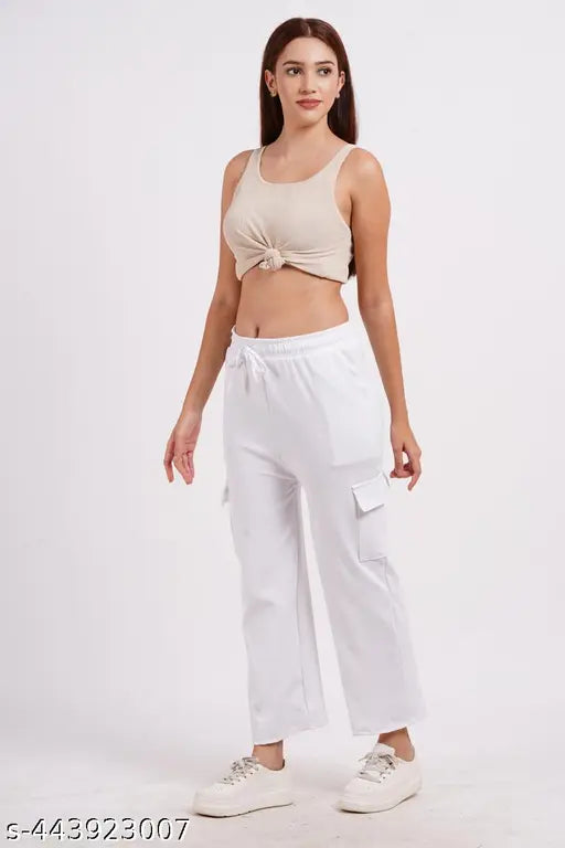 Cotton blend cargo pants with multiple pockets, loose-fitting style for modern women