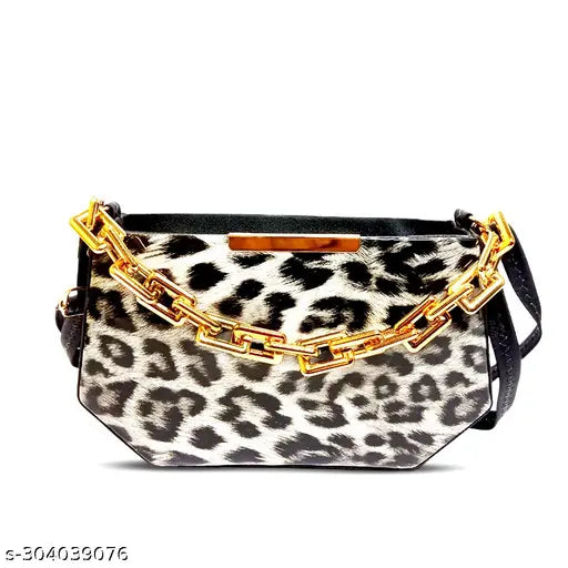 Trendy sling bag with cheetah print, gold chain, and gold buckle closure