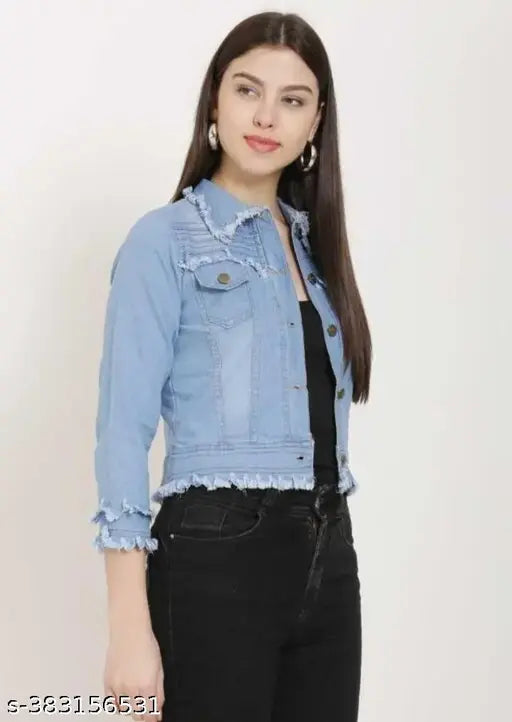 Denim jacket, blue wash, frayed hem, open front, front pockets, button closure