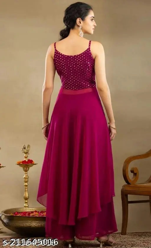 Georgette embroidered kurta with palazzo sets, solid net pattern, sleeveless, India-made