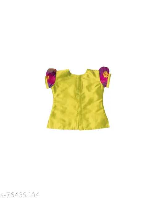 Gold border Art Silk Lehenga choli for kids aged 6-24 months, intricate printed design on woven fabric from India