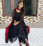 Black party dress with long sleeves, deep neckline, red dupatta